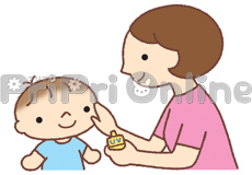 日焼け止めを塗ってもらう男の子のイラスト