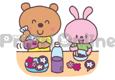 朝顔の花で色水をつくる動物たちのイラスト