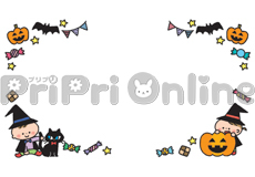 ハロウィン装飾と仮装した子どもたちの飾り枠